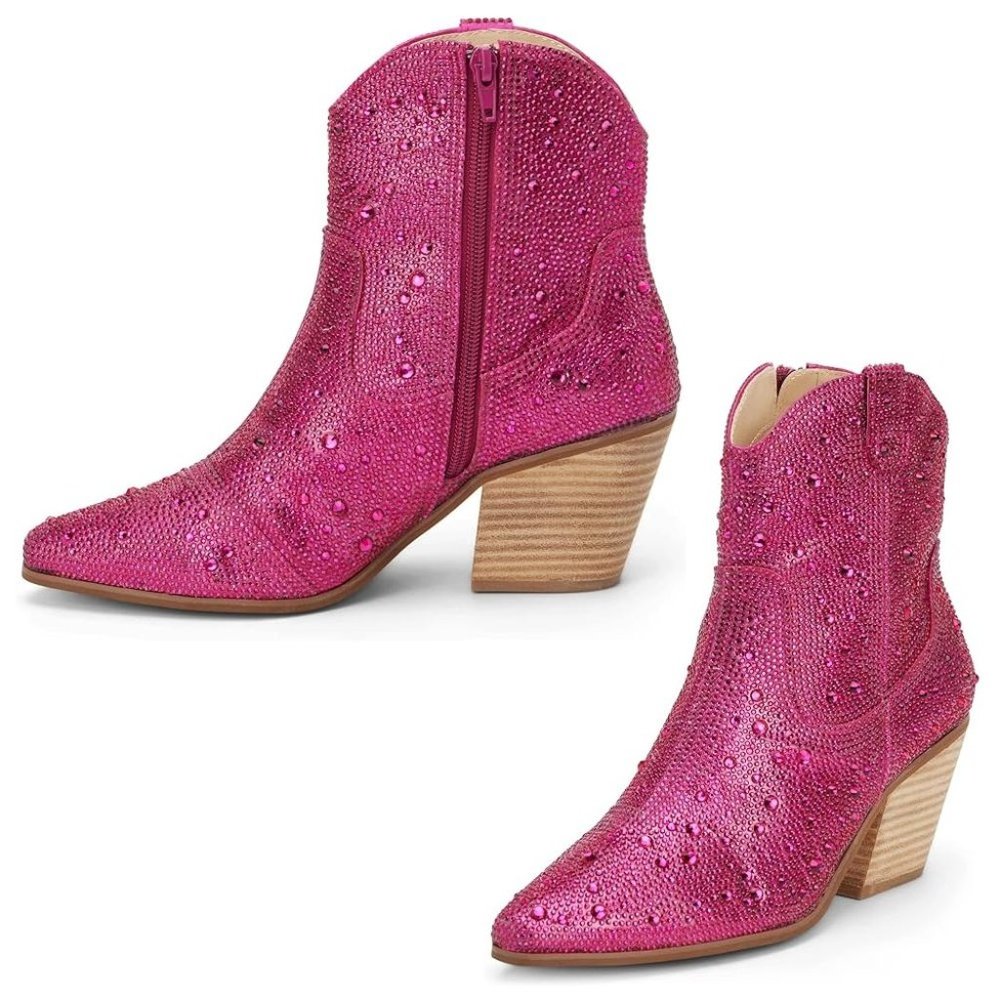 NWT Sparkling Bling Swarovski Crystal PINK Women Ankle High Cowboy Boots…